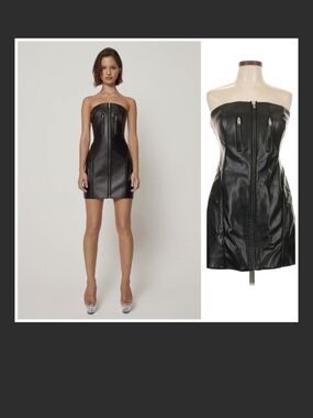KHY By Kylie Jenner Strapless Black Faux Leather Mini Dress with Front Zippers